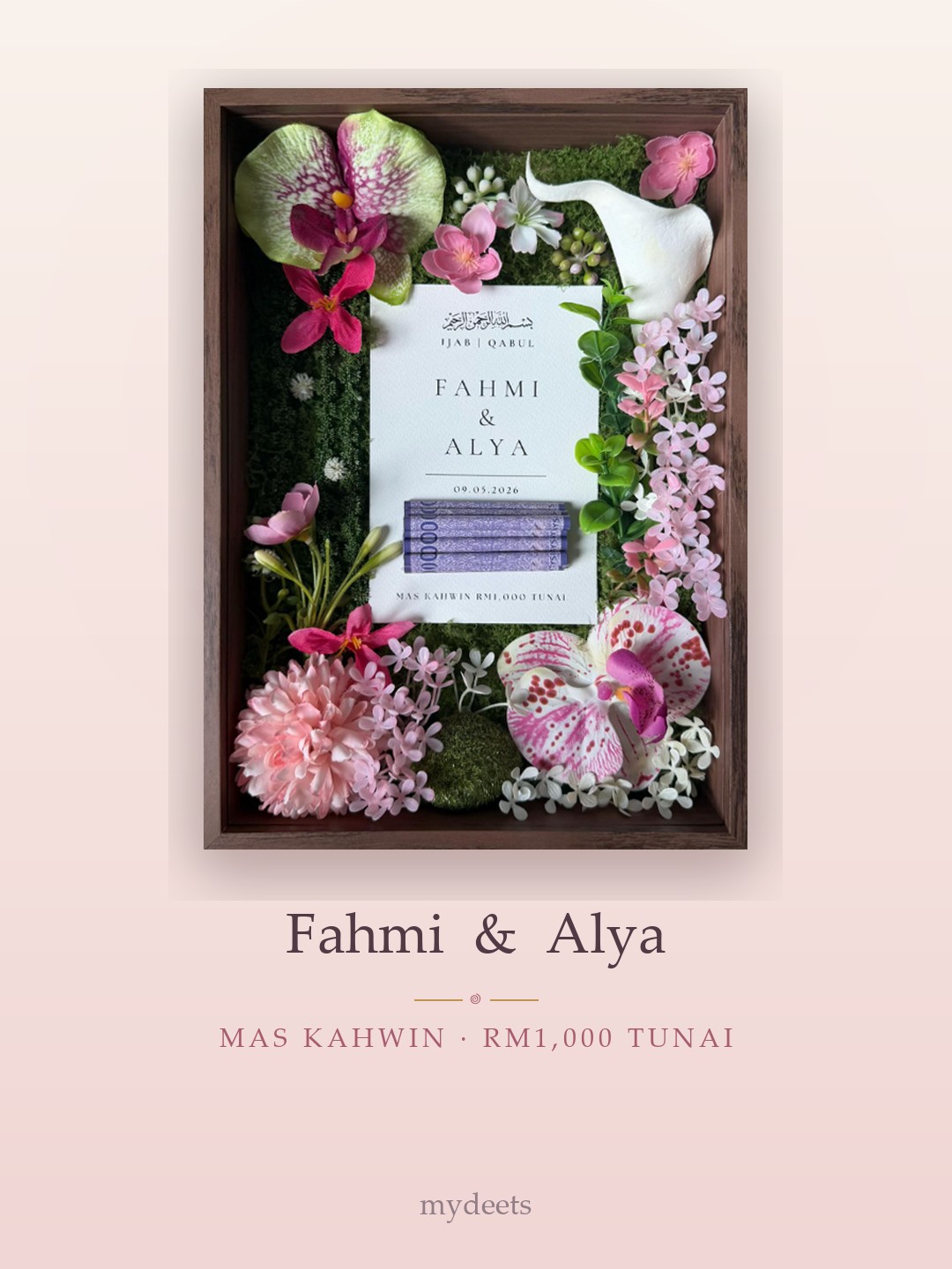 Mahar frame — Fahmi & Alya · Mas kahwin RM1,000 tunai