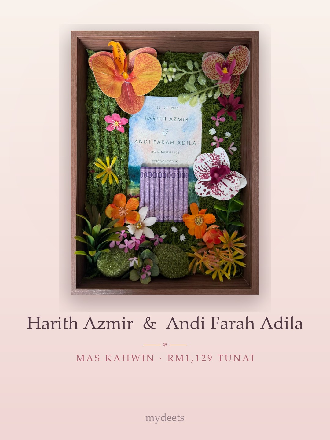 Mahar frame — Harith Azmir & Andi Farah Adila · Mas kahwin RM1,129 tunai