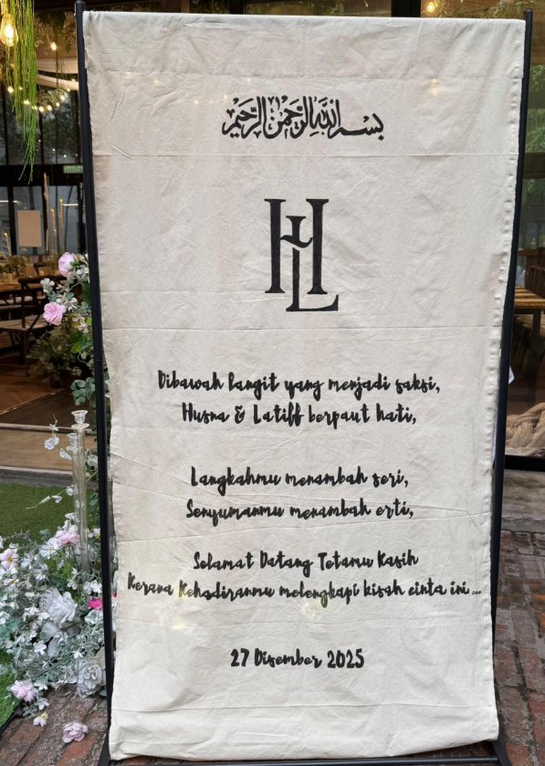 Welcome linen banner with Bismillah calligraphy, doa, couple names and date
