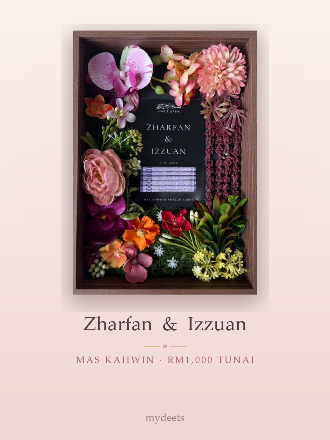 Mahar frame — Zharfan & Izzuan · Mas kahwin RM1,000 tunai